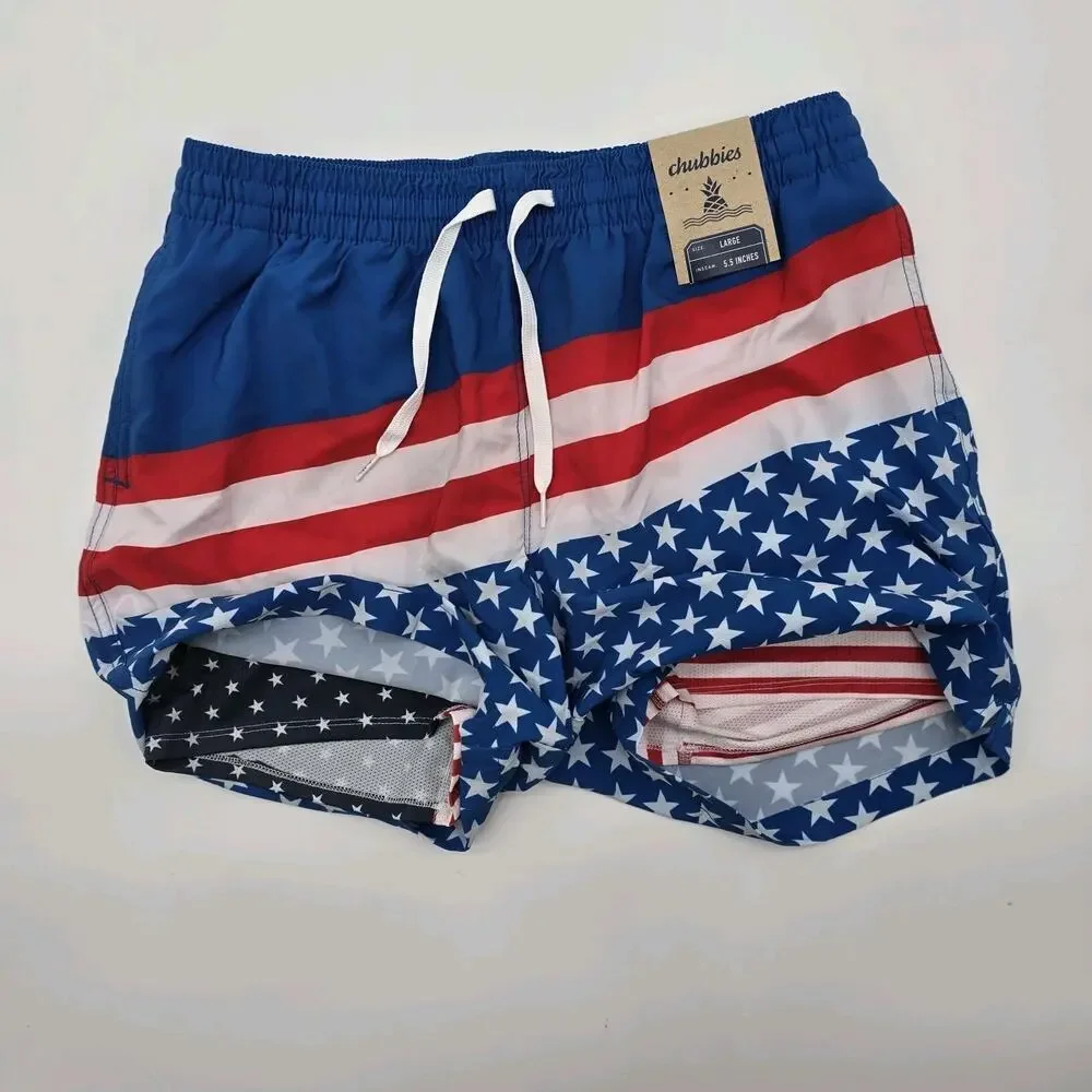 Chubbies Swim Trunks Men Small 5.5 Inch Blue Pump Flag 4th July Shorts Liner